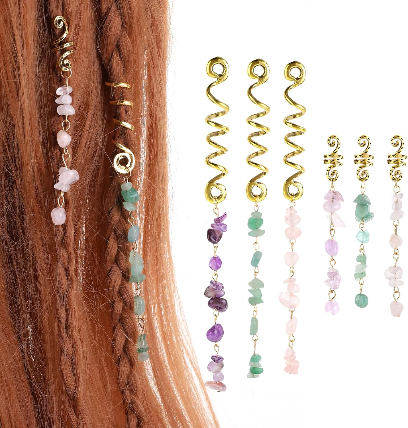 2 IN 1 PACK Spira Natural Crystal Stone Hair Accessories Hair Cuffs for Braids & Dreadlocks  By ShopGomad ✨ Add Magic to Every Strand ✨